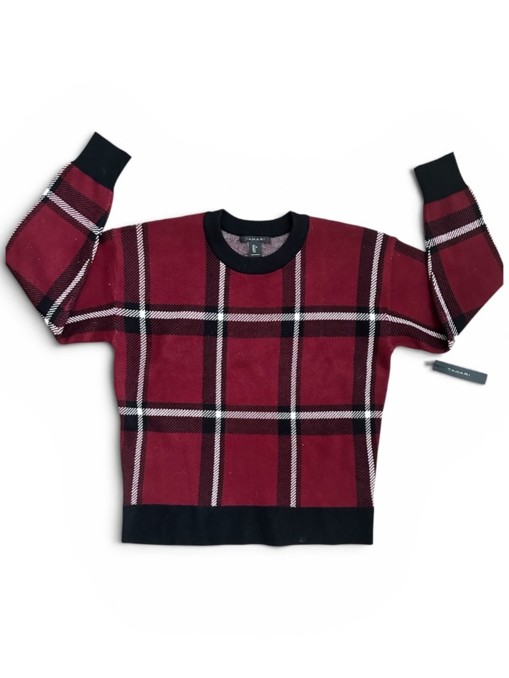 Tahari Women’s Plaid Sweater Size L Red Black Crewneck NWT Cozy Chic
